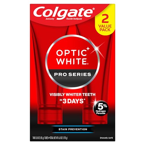 Colgate Optic White Pro Whitening Toothpaste, 5% Hydrogen Peroxide, Stain Prevention – 3 oz, 2 Pack