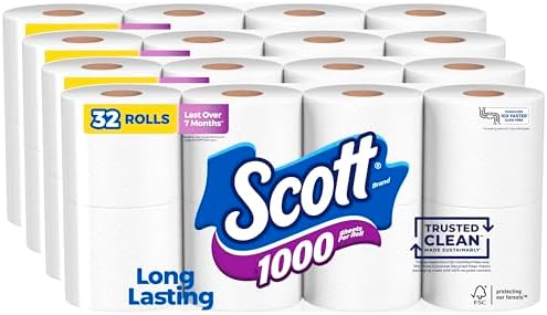 Scott 1000 Toilet Paper, 32 Rolls – Septic-Safe, 1-Ply