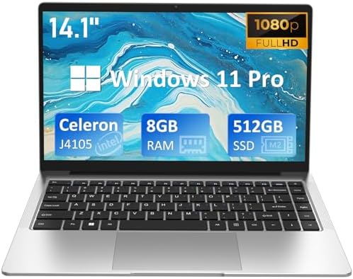 Windows Laptop with 8GB RAM, 512GB SSD, 2-2.5 GHz Intel Celeron J4105, 14.1″ FHD Screen